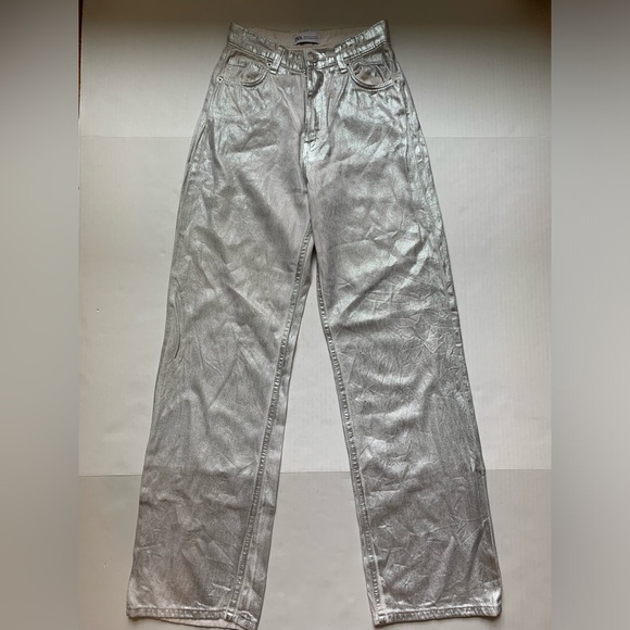 Zara Denim - Zara TRF High Rise Wide Leg  Silver Metallic Jeans RN71032